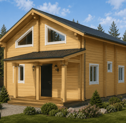Двухэтажный дом из бруса 8500х12000 с балконом