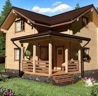Двухэтажный дом из бруса с террасой и парной 8500x8900